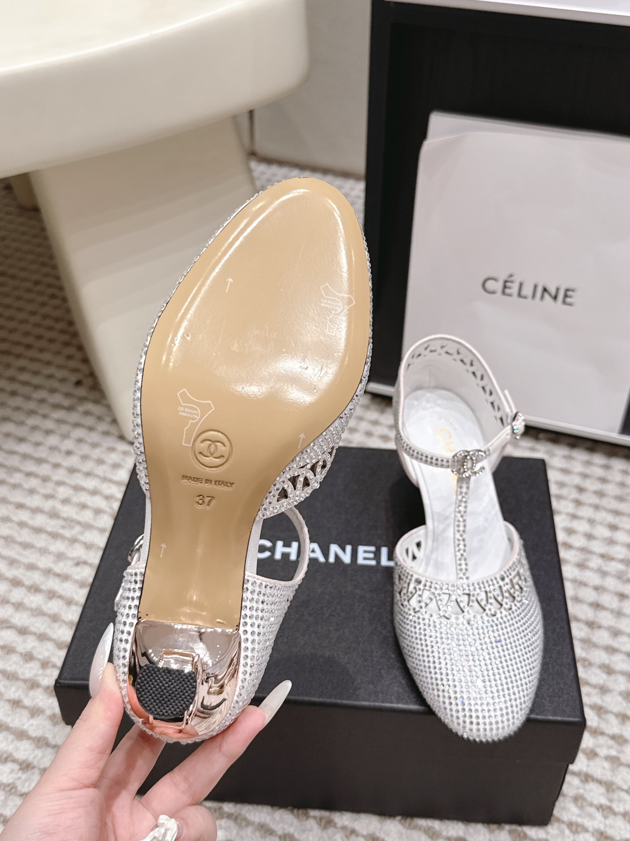 CHANEL 26S HIGH HEELS 50 MM IN WHITE RHINESTONE EMBELLISHED