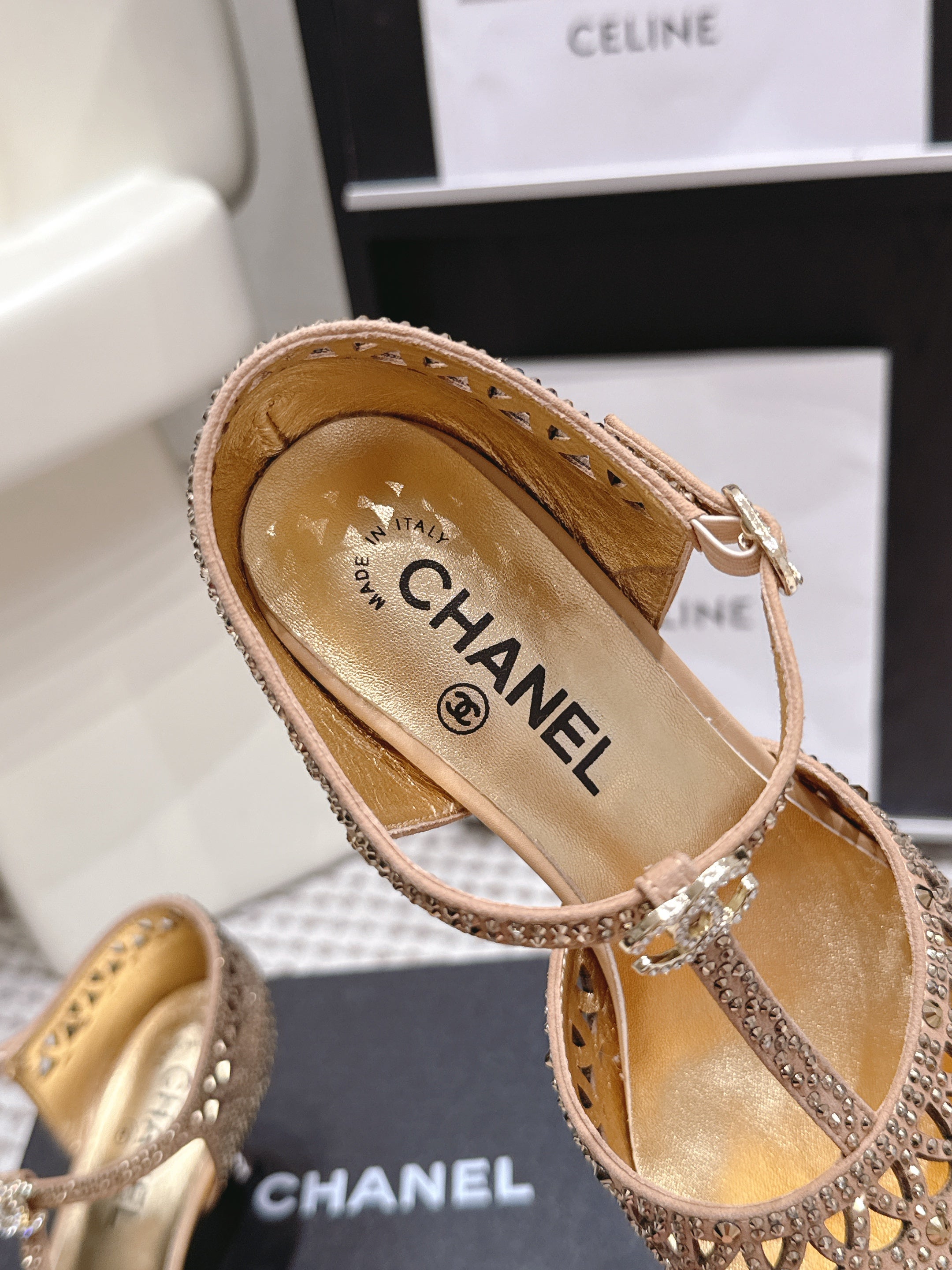 CHANEL 26S HIGH HEELS 50 MM IN BEIGE RHINESTONE EMBELLISHED