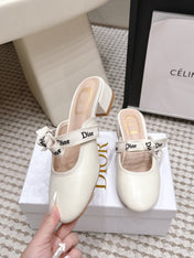 DIOR 26S CLOSED-TOE LOW-HEEL MULE IN IVORY WHITE CALFSKIN WITH BOW