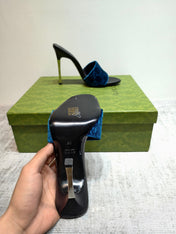 GUCCI 26S MULE SANDALS 110MM IN ROYAL BLUE VELVET GG EMBOSSED