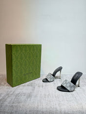 GUCCI 26S MULE SANDALS 110MM IN SILVER SATIN CRYSTAL GG