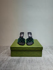 GUCCI 26S MULE SANDALS 110MM IN DARK GREEN VELVET GG EMBOSSED