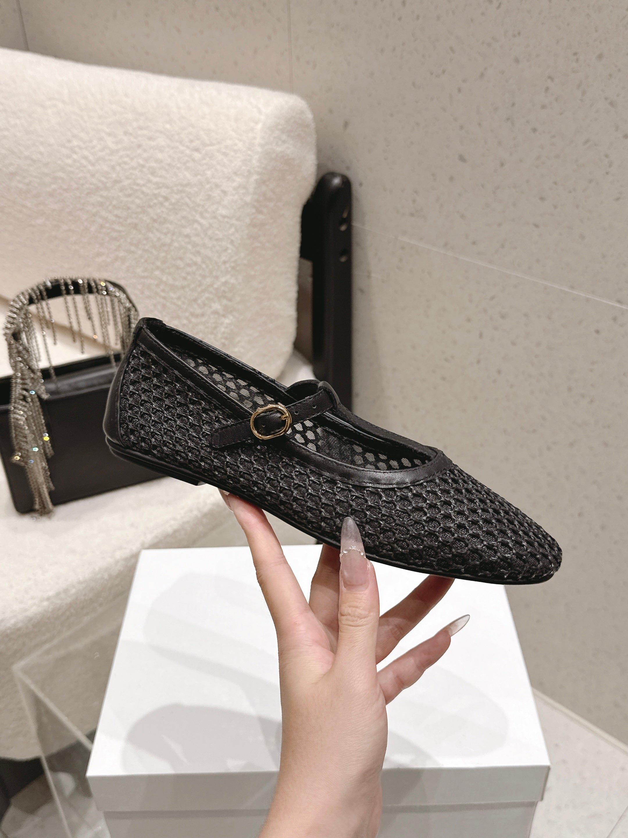 THE ROW 26S MARY JANE FLATS IN BLACK CALFSKIN AND MESH