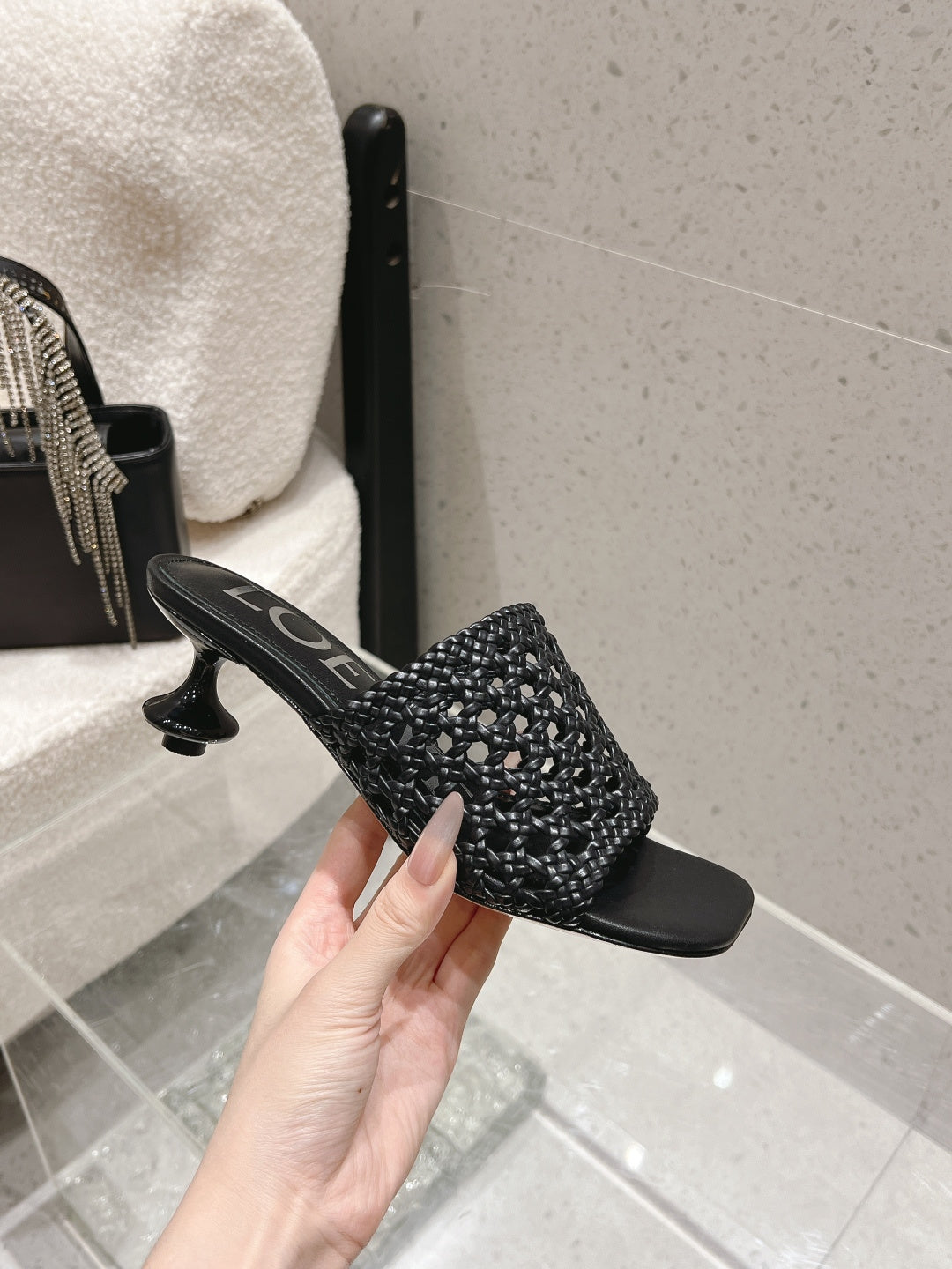 LOEWE 26S WOVEN HEEL SANDALS 50 MM IN BLACK LAMBSKIN