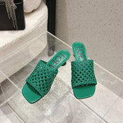 LOEWE 26S WOVEN HEEL SANDALS 50 MM IN GREEN LAMBSKIN