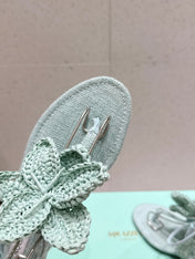 AQUAZZURA 26S FLORAL THONG SANDALS IN MINT GREEN WOVEN RAFFIA AND FABRIC