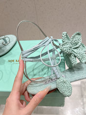 AQUAZZURA 26S FLORAL THONG SANDALS IN MINT GREEN WOVEN RAFFIA AND FABRIC