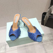 AQUAZZURA 26S HEELED MULES 80 MM IN NAVY BLUE WOVEN RAFFIA
