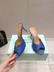 AQUAZZURA 26S HEELED MULES 80 MM IN NAVY BLUE WOVEN RAFFIA
