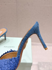 AQUAZZURA 26S HEELED MULES 80 MM IN NAVY BLUE WOVEN RAFFIA