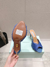 AQUAZZURA 26S HEELED MULES 80 MM IN NAVY BLUE WOVEN RAFFIA