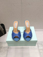 AQUAZZURA 26S HEELED MULES 80 MM IN NAVY BLUE WOVEN RAFFIA