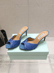 AQUAZZURA 26S HEELED MULES 80 MM IN NAVY BLUE WOVEN RAFFIA