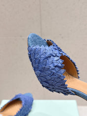 AQUAZZURA 26S HEELED MULES 80 MM IN NAVY BLUE WOVEN RAFFIA