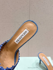 AQUAZZURA 26S HEELED MULES 80 MM IN NAVY BLUE WOVEN RAFFIA