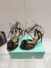 AQUAZZURA 26S HIGH-HEEL SANDALS 100 MM IN BLACK WOVEN RAFFIA