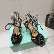 AQUAZZURA 26S HIGH-HEEL SANDALS 100 MM IN BLACK WOVEN RAFFIA