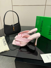 BOTTEGA VENETA 26S HEELED SANDALS 95 MM IN LIGHT PINK CALFSKIN AND RAFFIA