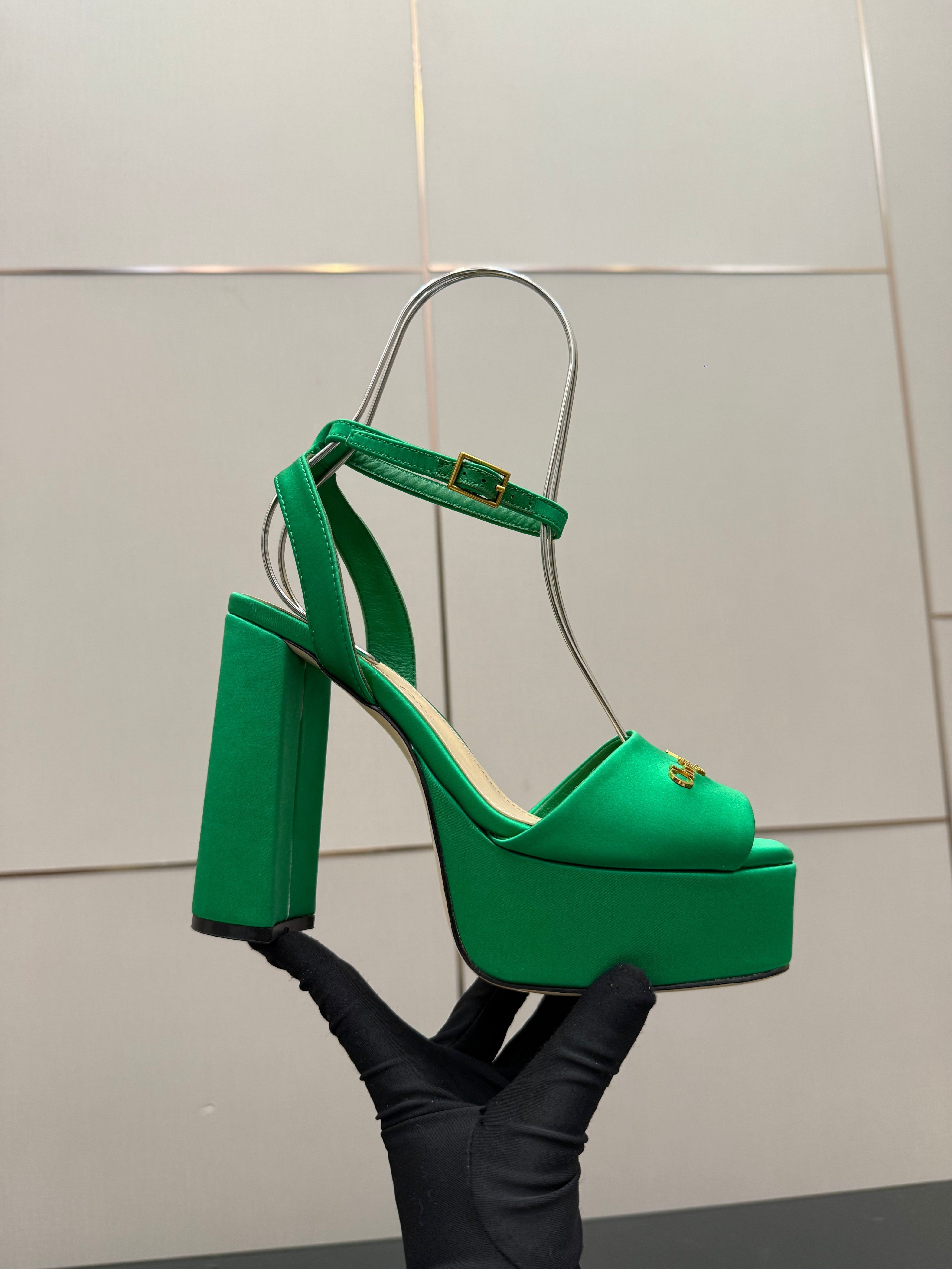 DIOR 26S HIGH HEEL SANDALS 120 MM IN GREEN SATIN