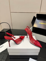 YSL 26S PLEATED SLINGBACK HEELS 105 MM IN RED GLOSSY CALFSKIN AND PVC