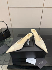YSL 26S HIGH-HEEL MULES IN BEIGE CALFSKIN AND MESH FABRIC