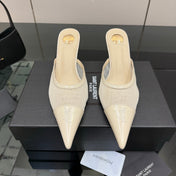 YSL 26S HIGH-HEEL MULES IN BEIGE CALFSKIN AND MESH FABRIC