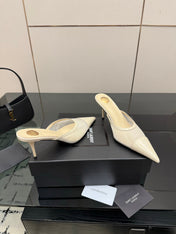YSL 26S HIGH-HEEL MULES IN BEIGE CALFSKIN AND MESH FABRIC