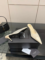 YSL 26S HIGH-HEEL MULES IN BEIGE CALFSKIN AND MESH FABRIC