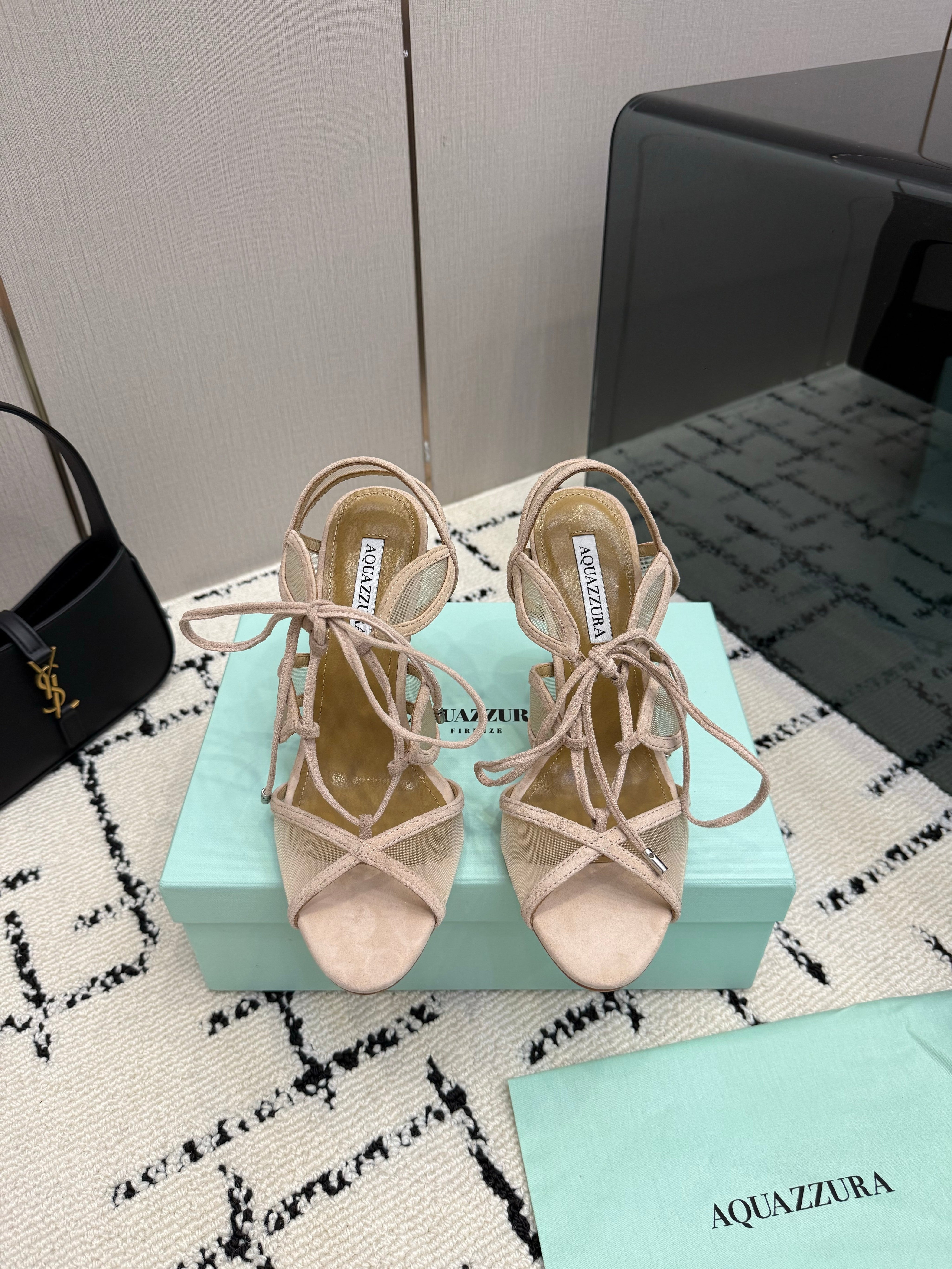 AQUAZZURA 26S SANDALS 100 MM IN BEIGE SUEDE & MESH
