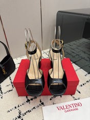 VALENTINO 26S SQUARE TOE ANKLE STRAP SANDALS IN BLACK CROC-EMBOSSED LEATHER