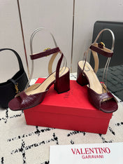 VALENTINO 26S SQUARE TOE ANKLE STRAP SANDALS IN DARK RED CROC-EMBOSSED LEATHER