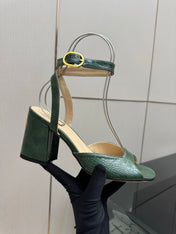 VALENTINO 26S SQUARE TOE ANKLE STRAP SANDALS IN DARK GREEN CROC-EMBOSSED LEATHER