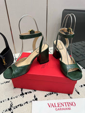 VALENTINO 26S SQUARE TOE ANKLE STRAP SANDALS IN DARK GREEN CROC-EMBOSSED LEATHER