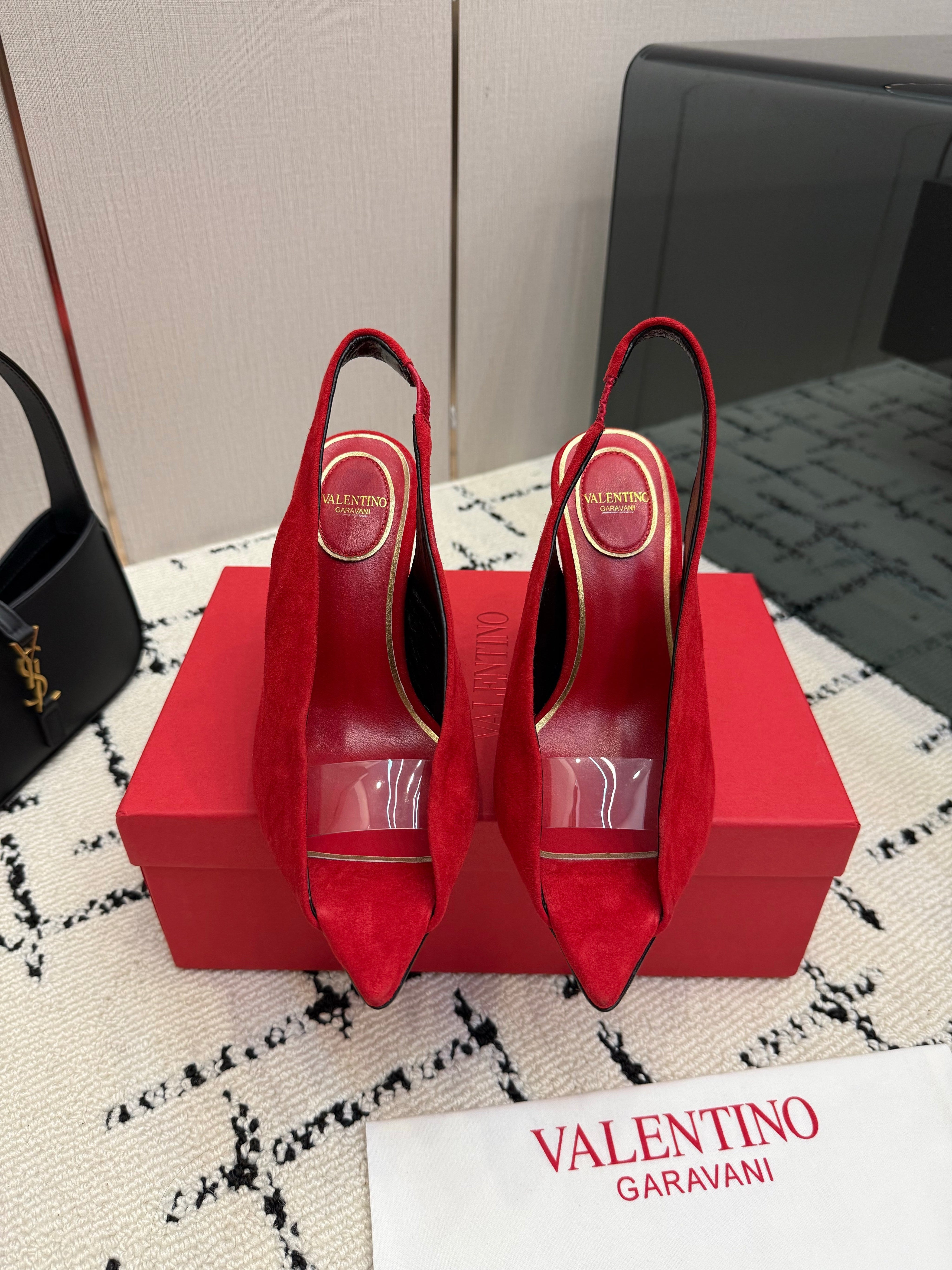 VALENTINO 26S POINTED-TOE SLINGBACKS IN DARK RED SUEDE