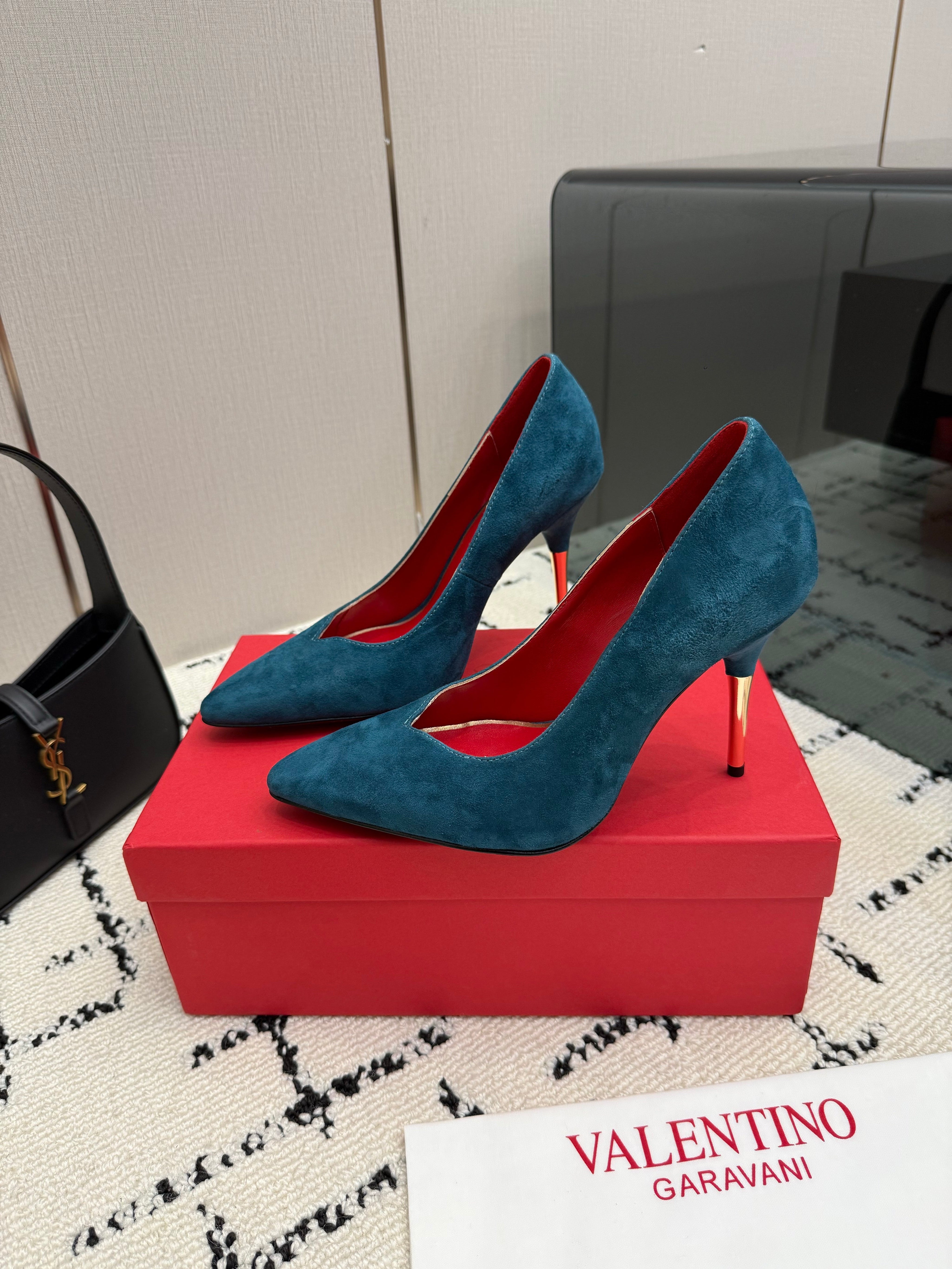 VALENTINO 26S HIGH HEELS 100 MM IN DEEP TEAL BLUE SUEDE