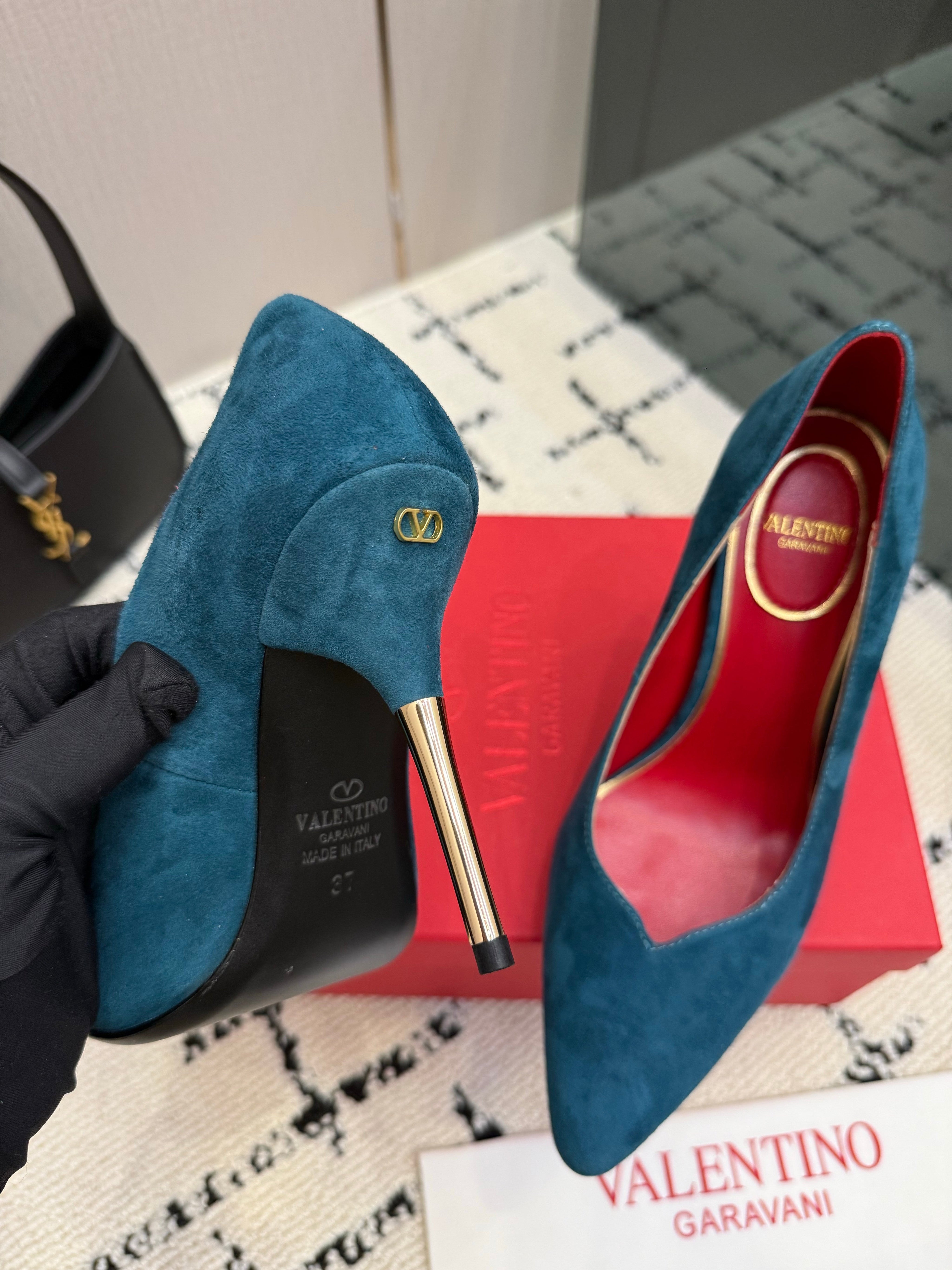 VALENTINO 26S HIGH HEELS 100 MM IN DEEP TEAL BLUE SUEDE