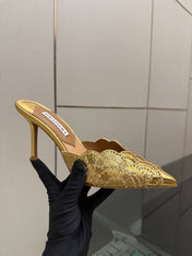 AQUAZZURA 26S HEEL MULES 85 MM IN GOLD SEQUIN AND CALFSKIN