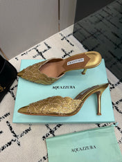 AQUAZZURA 26S HEEL MULES 85 MM IN GOLD SEQUIN AND CALFSKIN