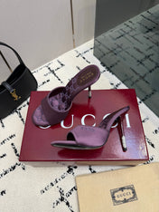 GUCCI 26S CRYSTAL-HEEL SANDALS 100 MM IN DARK PURPLE SATIN