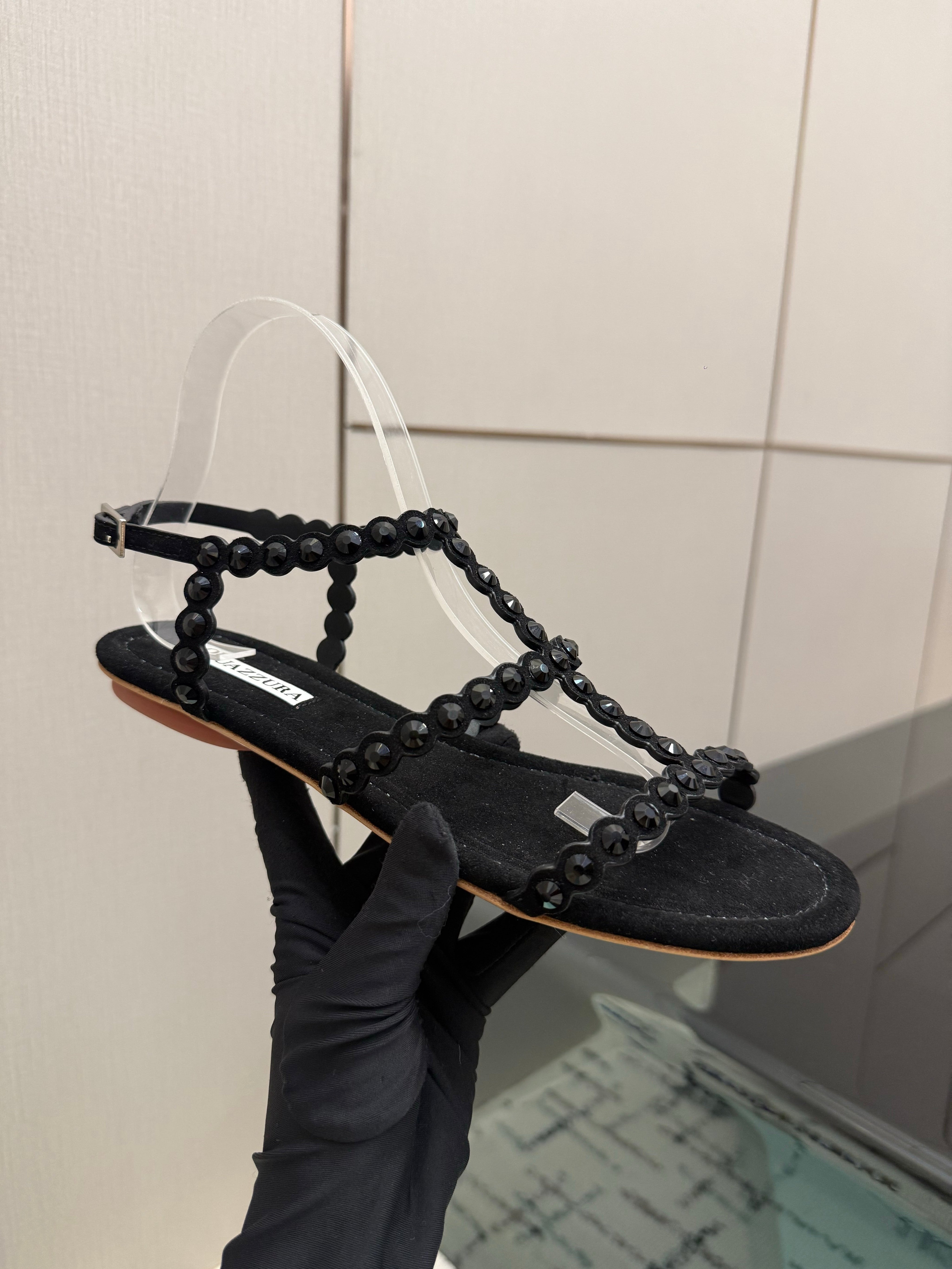 AQUAZZURA 26S FLAT SANDALS IN BLACK SUEDE CRYSTAL-EMBELLISHED