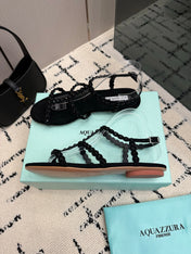 AQUAZZURA 26S FLAT SANDALS IN BLACK SUEDE CRYSTAL-EMBELLISHED