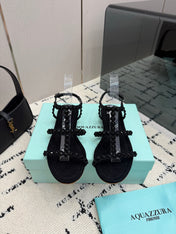 AQUAZZURA 26S FLAT SANDALS IN BLACK SUEDE CRYSTAL-EMBELLISHED