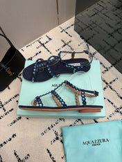 AQUAZZURA 26S FLAT SANDALS IN NAVY BLUE SUEDE CRYSTAL-EMBELLISHED
