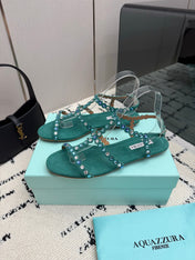 AQUAZZURA 26S FLAT SANDALS IN EMERALD GREEN SUEDE CRYSTAL-EMBELLISHED