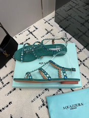AQUAZZURA 26S FLAT SANDALS IN EMERALD GREEN SUEDE CRYSTAL-EMBELLISHED