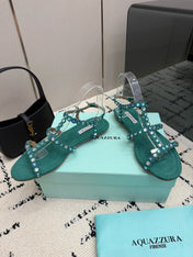 AQUAZZURA 26S FLAT SANDALS IN EMERALD GREEN SUEDE CRYSTAL-EMBELLISHED