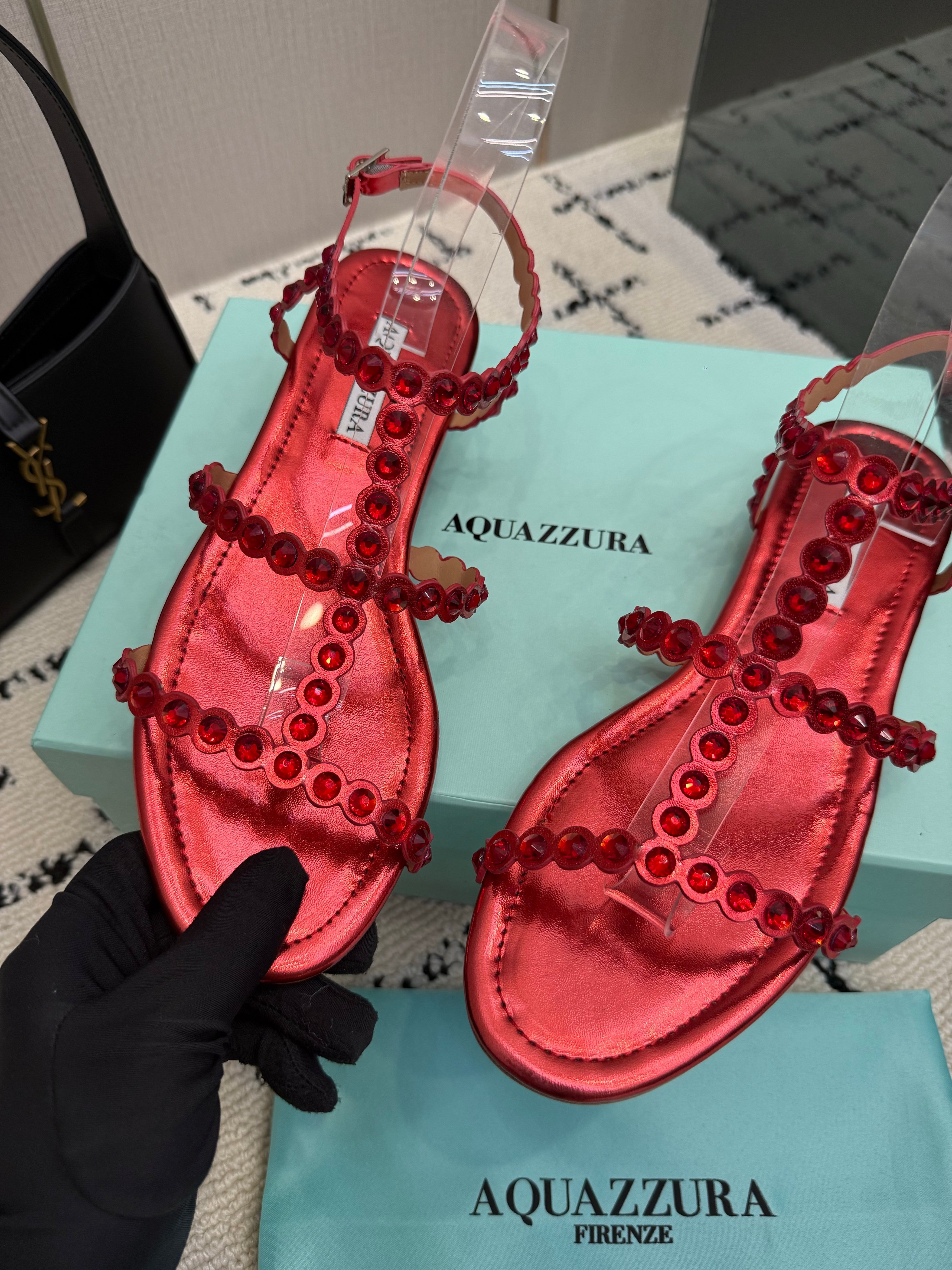 AQUAZZURA 26S FLAT SANDALS IN METALLIC RED LAMBSKIN CRYSTAL-EMBELLISHED