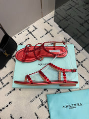 AQUAZZURA 26S FLAT SANDALS IN METALLIC RED LAMBSKIN CRYSTAL-EMBELLISHED