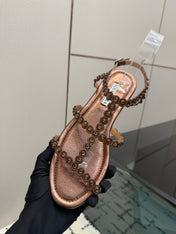 AQUAZZURA 26S FLAT SANDALS IN DARK BROWN LAMBSKIN CRYSTAL-EMBELLISHED