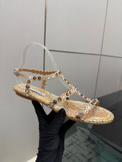 AQUAZZURA 26S FLAT SANDALS IN METALLIC BRONZE SNAKESKIN CRYSTAL-EMBELLISHED